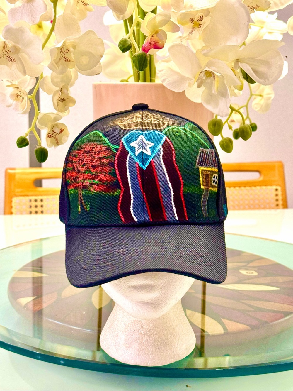 Embroidered Black Trucker Cap with Colorful Puerto Rico Shield Design